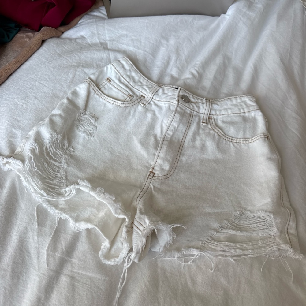 Hollister White Distressed High-Rise Denim Shorts